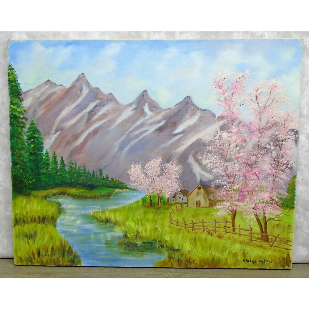 OIL ON CANVAS ART Gladys Waters 16x20 Cherry Blossom Pine Trees River Mountains